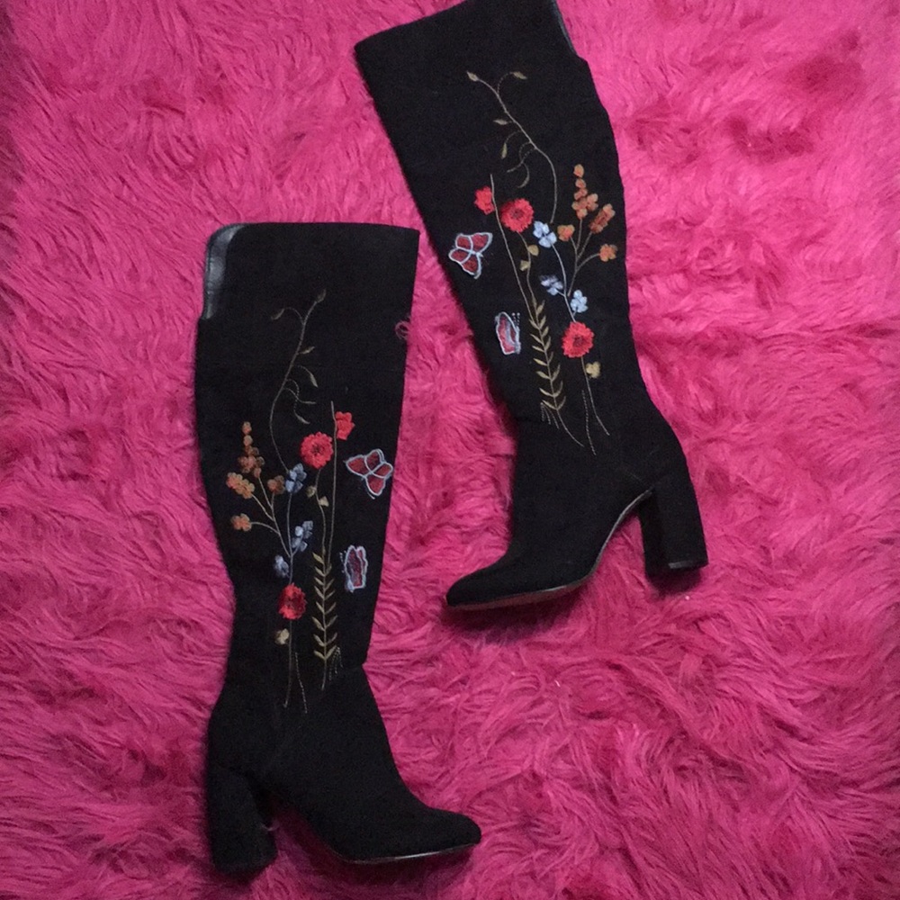 3-D butterfly embroidered black suede boots